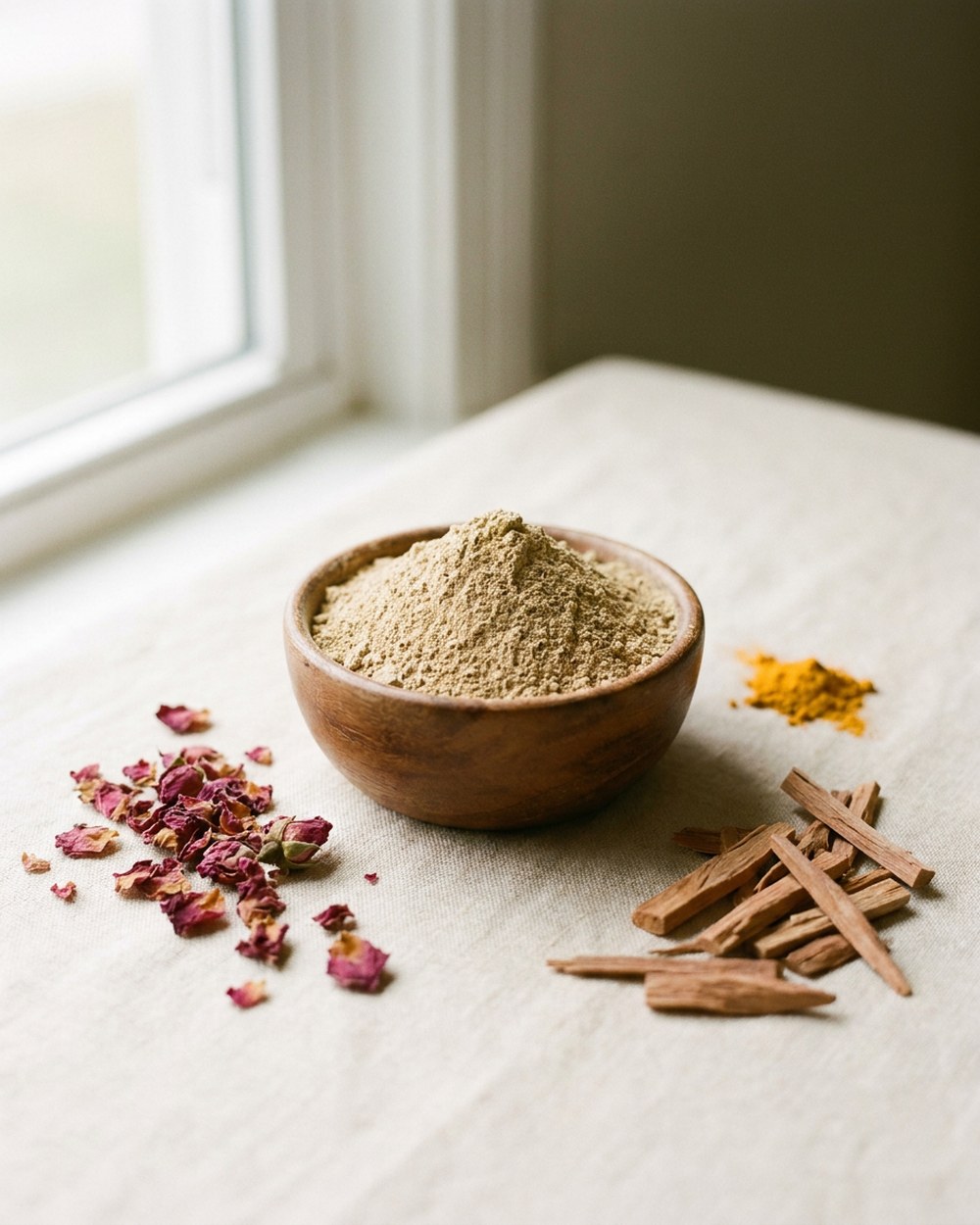 Multani mitti dry face pack powder in a wooden bowl