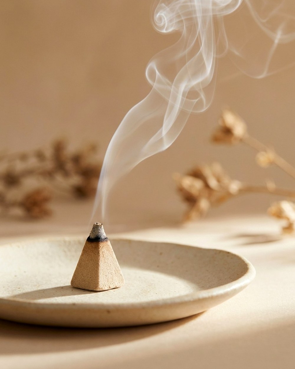 A single small triangular dhoopam cone burning on a cream ceramic plate, smoke rising
